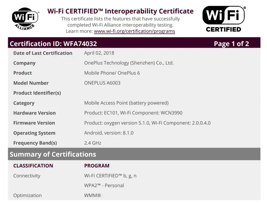OnePlus 6 WiFi Certificate