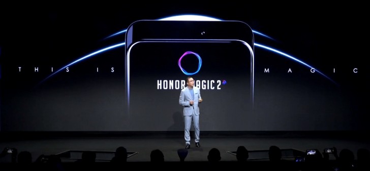 Honor Magic 2 appears at a launch event discussing key features
