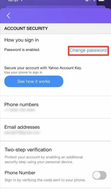 Screenshot showing Yahoo Mail Change Password on iPhones or iOS devices, for this guide of How to Change Yahoo Mail Password – Step by Step Guide 2024