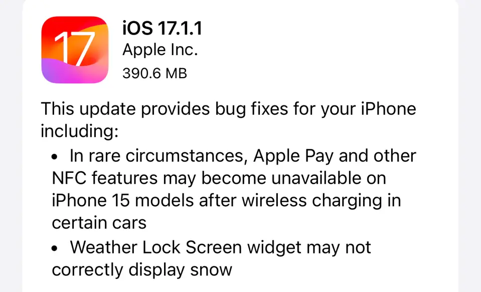 iOS 17.1.1 Update to iPhone