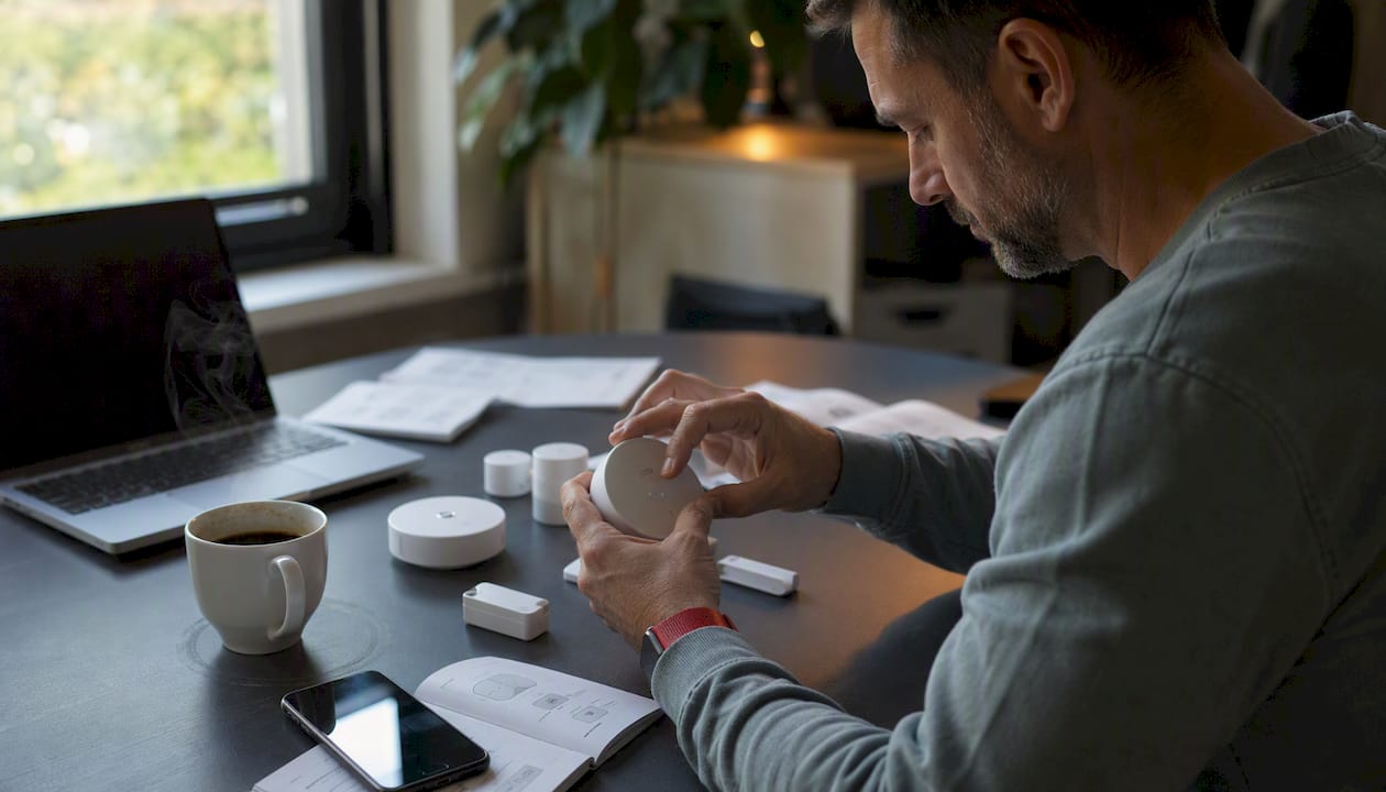 Man setting up smart home security hub
