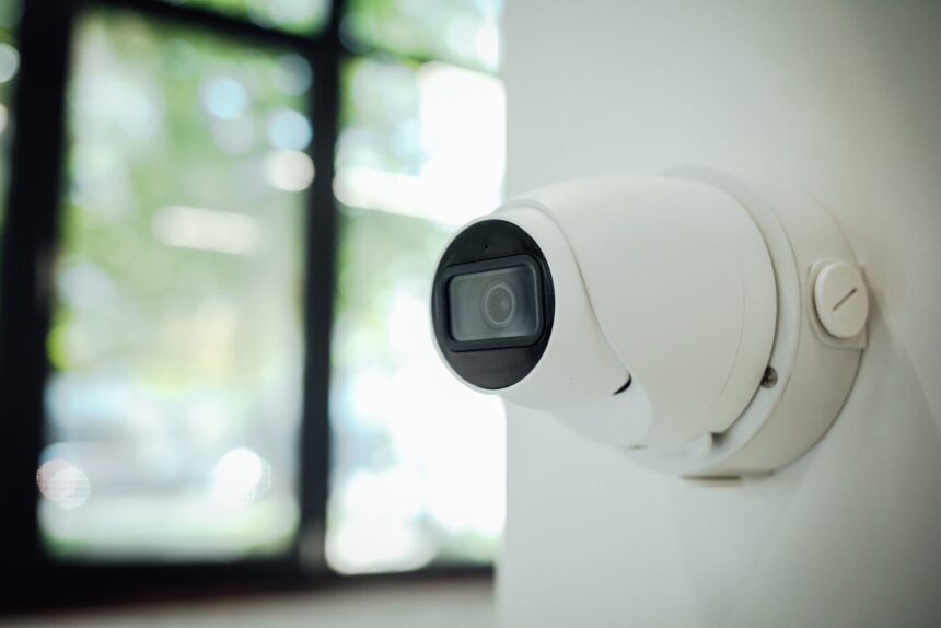White wall-mounted smart home security camera monitoring a bright window