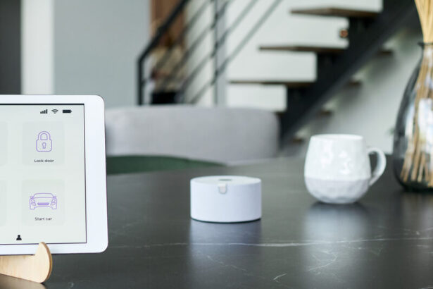 Tablet showing a smart home control panel beside a small white hub on a table