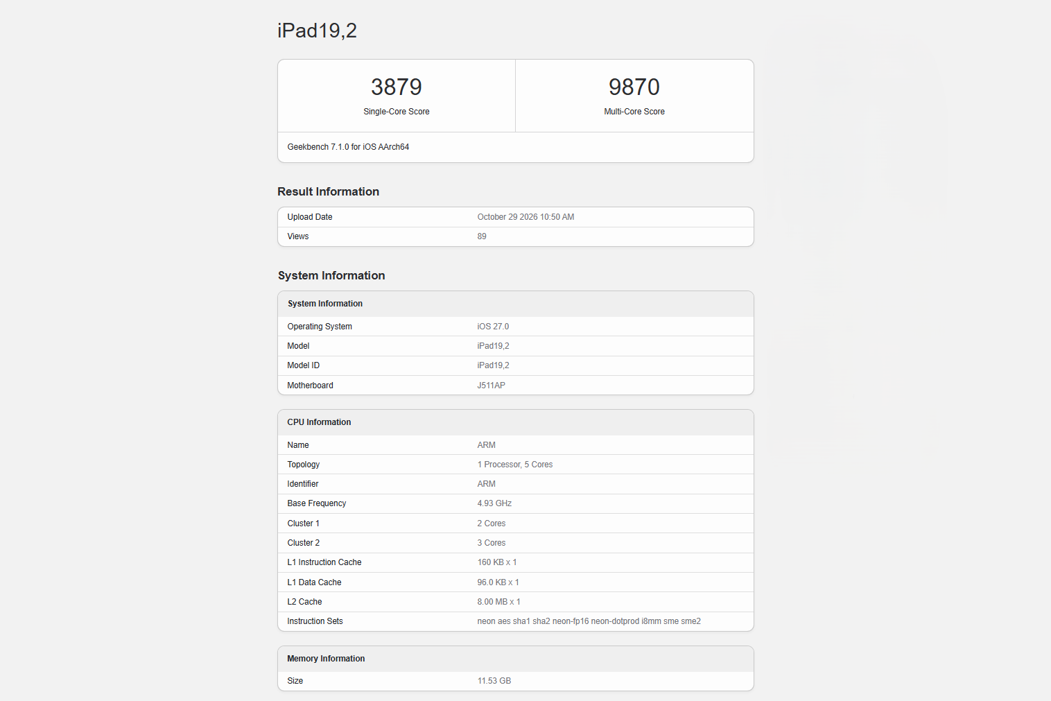 Apple iPad mini (2026) Geekbench listing