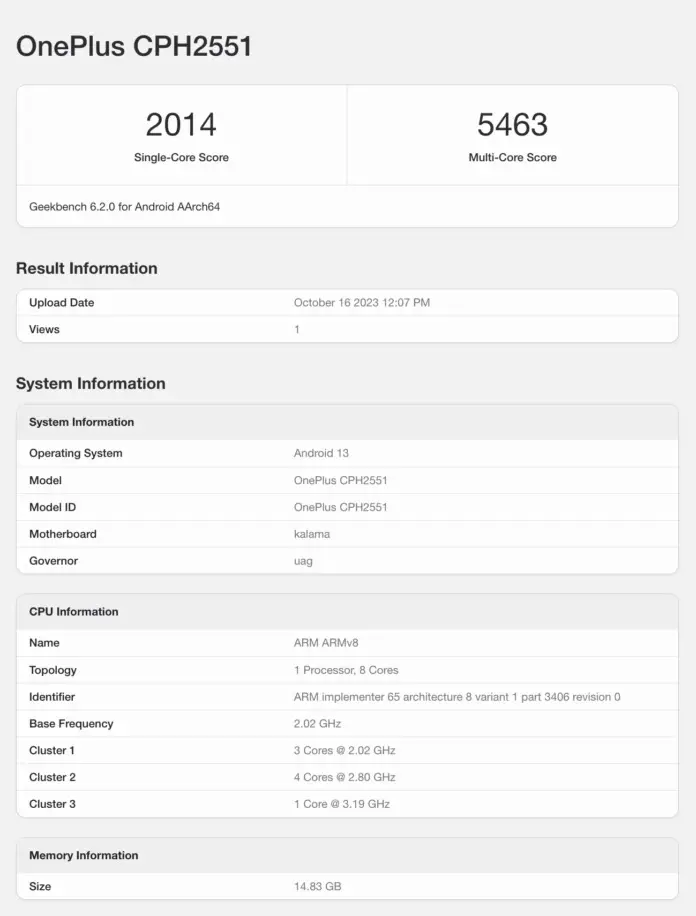 OnePlus Open Geekbench Score