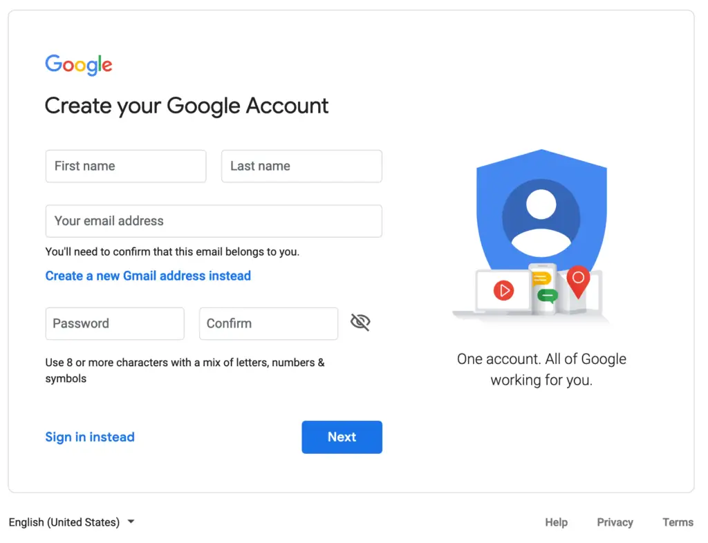 Google Account Creation Screen