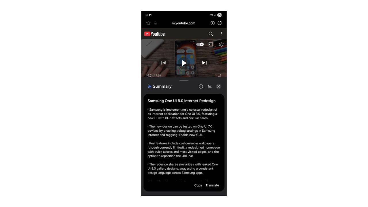Samsung Tests AI Video Summarization in One UI 8 for Samsung Internet Browser